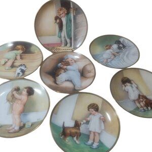 Set of 7 Vintage Collector’s Plates – Children & Puppies Series with Gold Trim